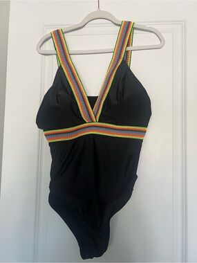 SHEIN Black One-Piece Swimsuit with Neon Rainbow Trim